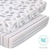 The Peanutshell Fitted Playard Sheets for Baby Girls or Baby Boys, 2 Pack Set, Grey Elephants and Stripes