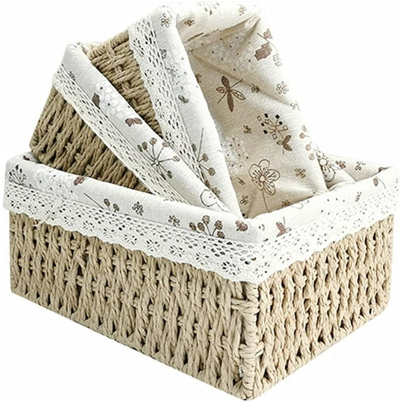 Nvzi Set 3 Rattan Woven Storage Basket Rectangular Wicker Straw Basket for Toy Organizing Desktop Cosmetics Storage Bins (Khaki)