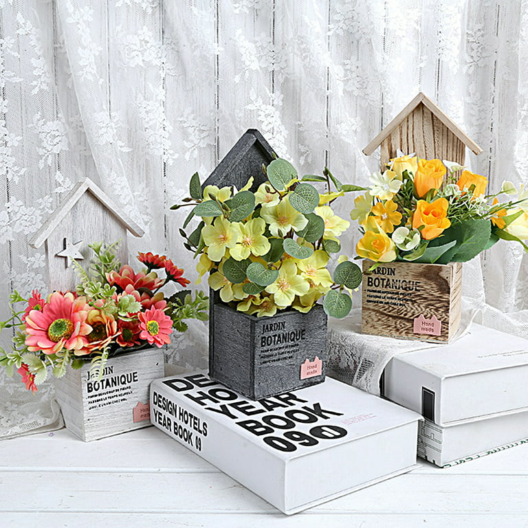 Yirtree 1 Set Flower Holder Exquisite Vivid House Shape Simulation Flower  Arrangement Wood Pot Home Decoration