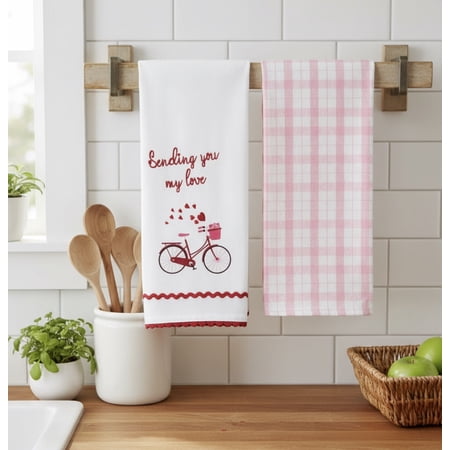 Serafina Home Valentines Kitchen Towels: Sending You My Love Greetings Bicycle with Pink Plaid Towel Flat Weave 100% Cotton