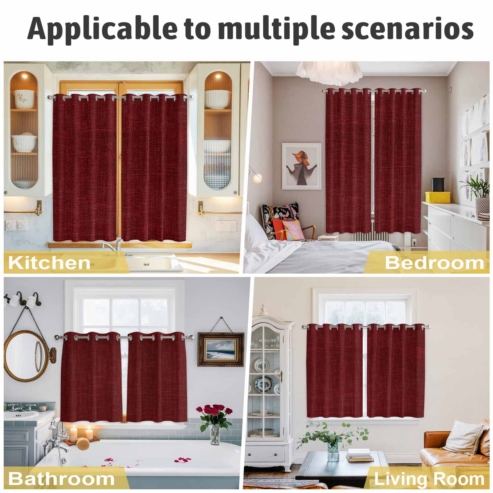 Kitchen Curtains 84 Inch Length 2 Panels, Vintage Dark Red Grommets Window Treatment Curtain, Farmhouse Retro Solid Color Linen Texture Thermal Curtains Drapes for Living Room/Bathroom