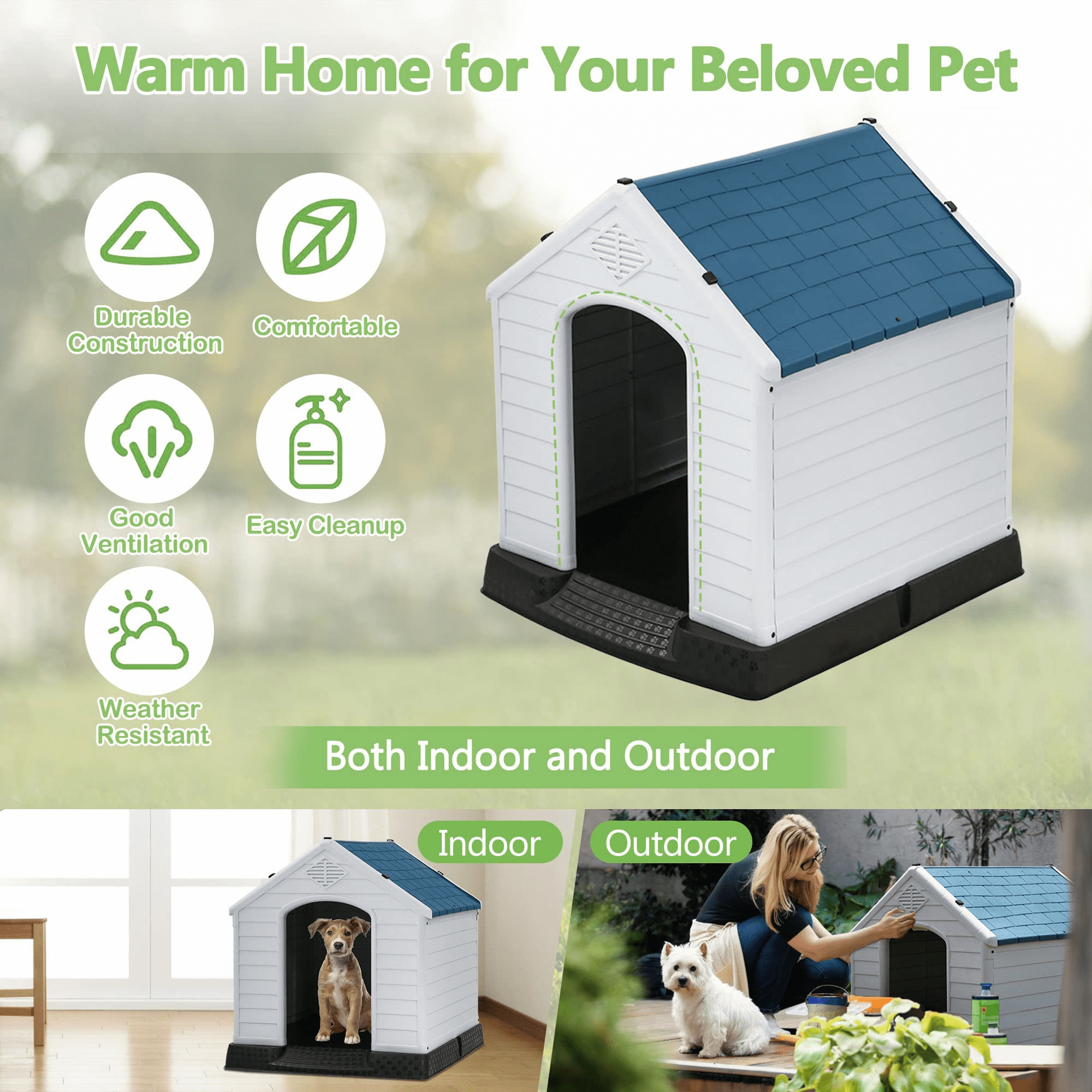 CL.HPAHKL Durable Plastic Dog House Outdoor Indoor, Waterproof Pet House for Small Medium Dogs, Insulated Puppy Shelter Doghouse with Elevated Floor and Air Vents(Blue, 34 inch)