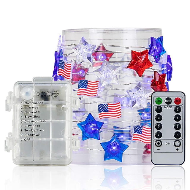 Cadena De Estrellas De La Bandera Estadounidense Con Temporizador Remoto 3 Metros 30 Led Luces De Hadas Rojas, Blancas Y Azules Para El Día De Los Caídos 4 De Julio Día De La Independencia Vogacara HA040947-03