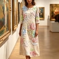 thumbnail image 5 of VBVC Women's and Women's Plus 3/4 Sleeve Midi Dress, Summer Casual Crew Neck Dress For Women, Ladies' Loose Fit Floral Dress with Pockets,Khaki,S-5XL, 5 of 7
