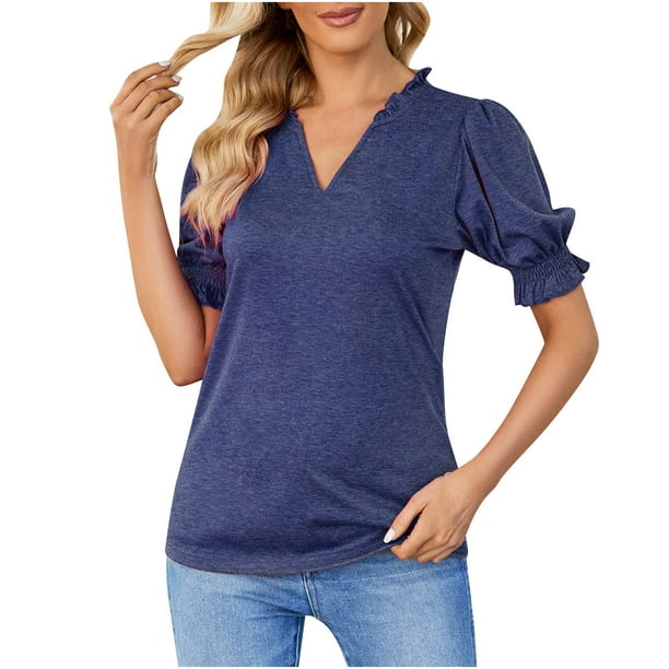 Business Casual Tops for Women Solid Color V Neck Summer T Shirts Puff  Short Sleeve Loose Fit Basic Tunic Tops Blouses
