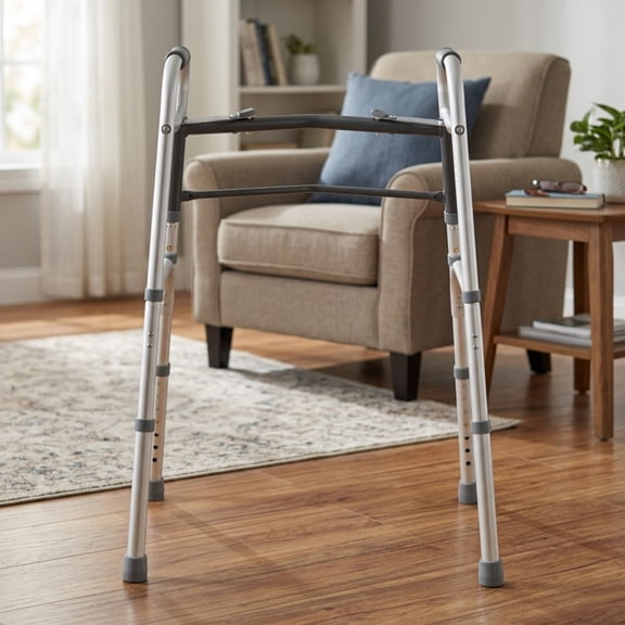 Vebreda Lightweight Folding Walker for Seniors with 7 Level Adjustable Height and Non Slip Rubber Feet for Indoor Everyday Mobility, Silver