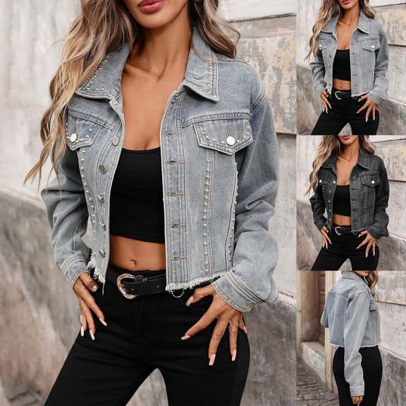 Women's Jean Jacket Frayed Washed Button up Cropped Denim Jacket with Pockets Blue XL(XL)
