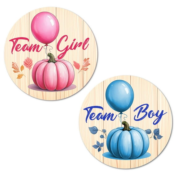 40 Pumpkin Fall Themed Gender Reveal Stickers, 2 Inch Big Round Glossy Labels, Little Pumpkin Team Boy and Girl Decals, Great for Baby Shower Party Favors, Tags, Games And Supplies. Made in USA