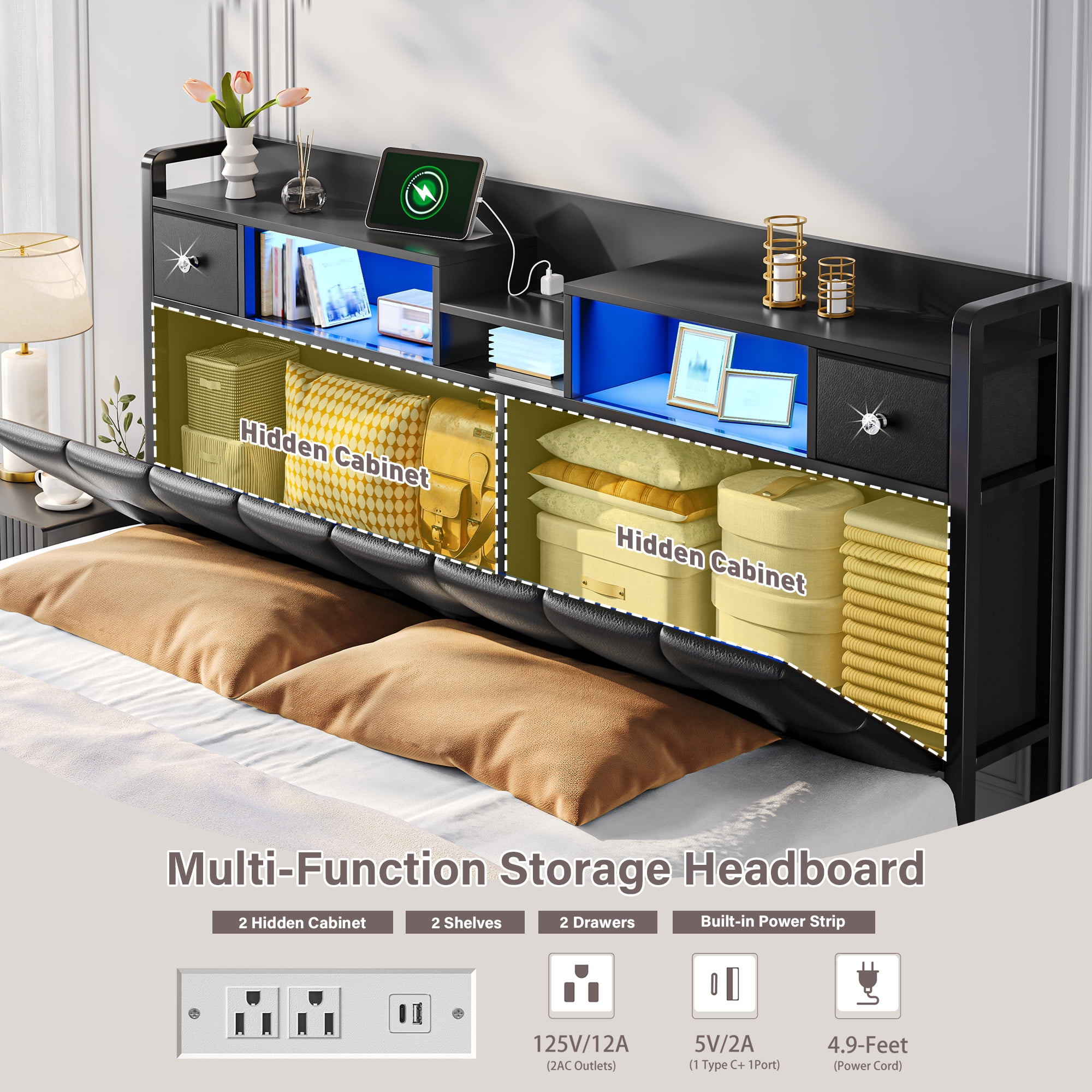 EnHomee Bed Frame with 2 Drawers King Size Bed Frame with Headboard & LED Lights Bed Frame with Storage & Headboard Drawers，Black