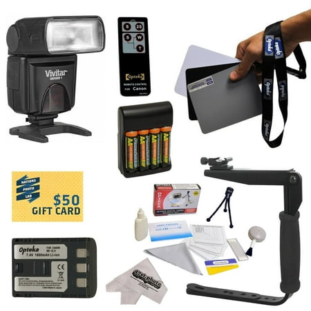 Kit for Canon XT XTi DSLR Digital Camera Includes Vivitar DF-283 TTL LCD Bounce Zoom Flash, Grey Card Set, Flash Bracket, NB-2LH, Charger, AA Batteries & Charger, Remote