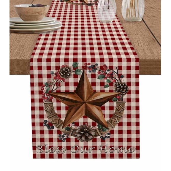 ERUNPONLY Star Plaid Table Runner - 90 Inch Long Vintage American Country Berry Red Brown Cotton and Linen Blended Dress Scarves Farmhouse Table Runner for Kitchen Dining, Coffee Table, 13"x90"