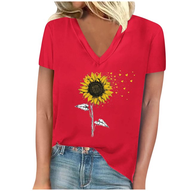 Camisetas de Manga Corta para las Mujeres, Impresión de Cuello en V Camiseta Casual Top Hecho de 95% Poliéster 5% Spandex para el Uso Diario de Primavera Verano, Camisetas para las Mujeres Casual