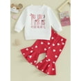 thumbnail image 2 of Bslissey Baby Girls Valentines Day Clothes Long Sleeve Letter Print Sweatshirt + Heart Print Flared Pants  2Pcs Outfits Infant Toddler Casual Long Pants Sets 0-24M, 2 of 10