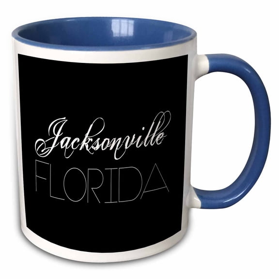 3drose, American Cities - Jacksonville Florida, White on Black, 15oz Two-tone Blue Mug