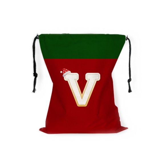 Christmas Gift Bag 26 Letters Xmas Gifts Bag with Drawstring, Red and Green Santa Bags for Holiday Festive Party Supplies (V)