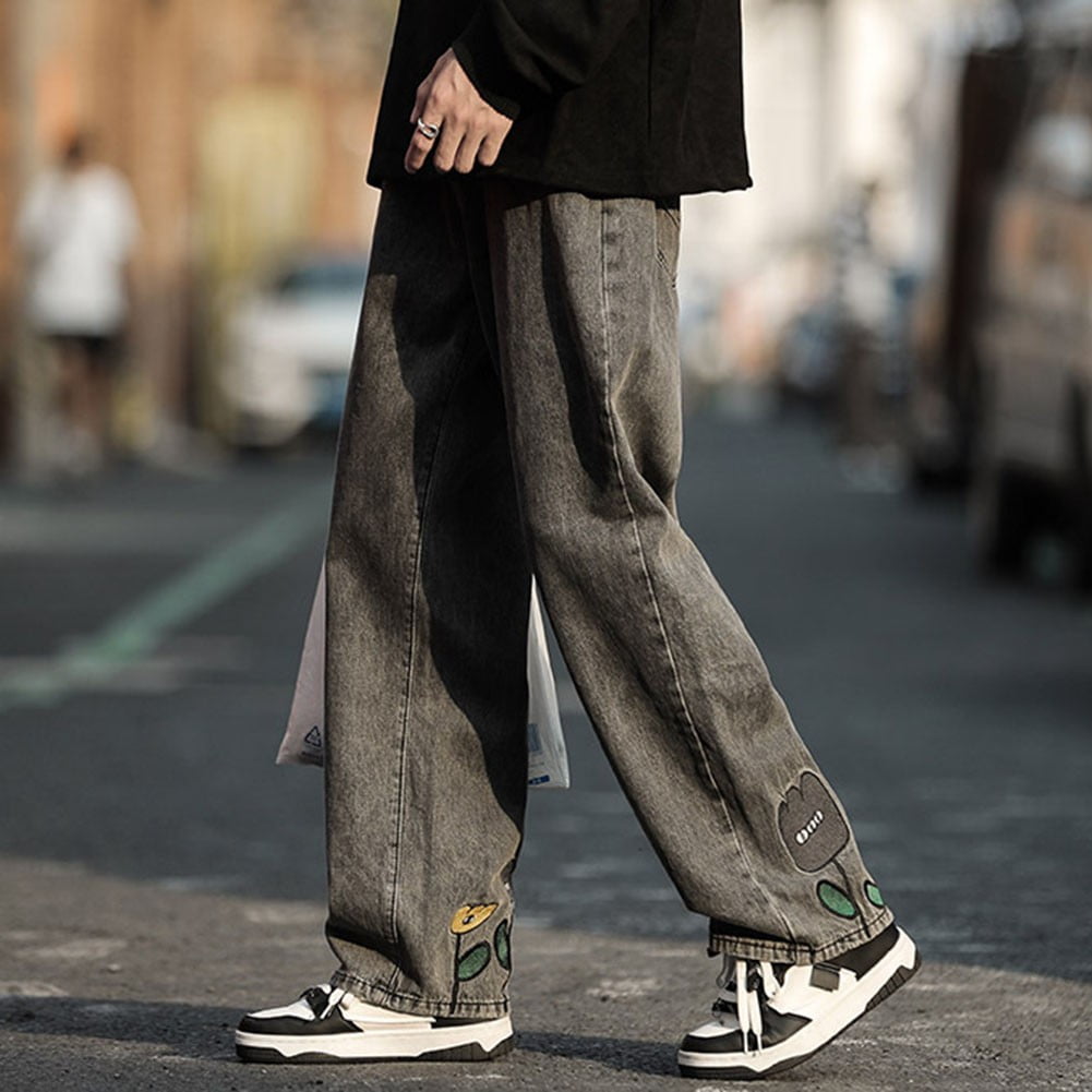 Mens Y2K Flower Printed Baggy Jeans Vintage Straight Pants Mens Y2K Flower Printed Baggy Jeans Vintage Straight Pants