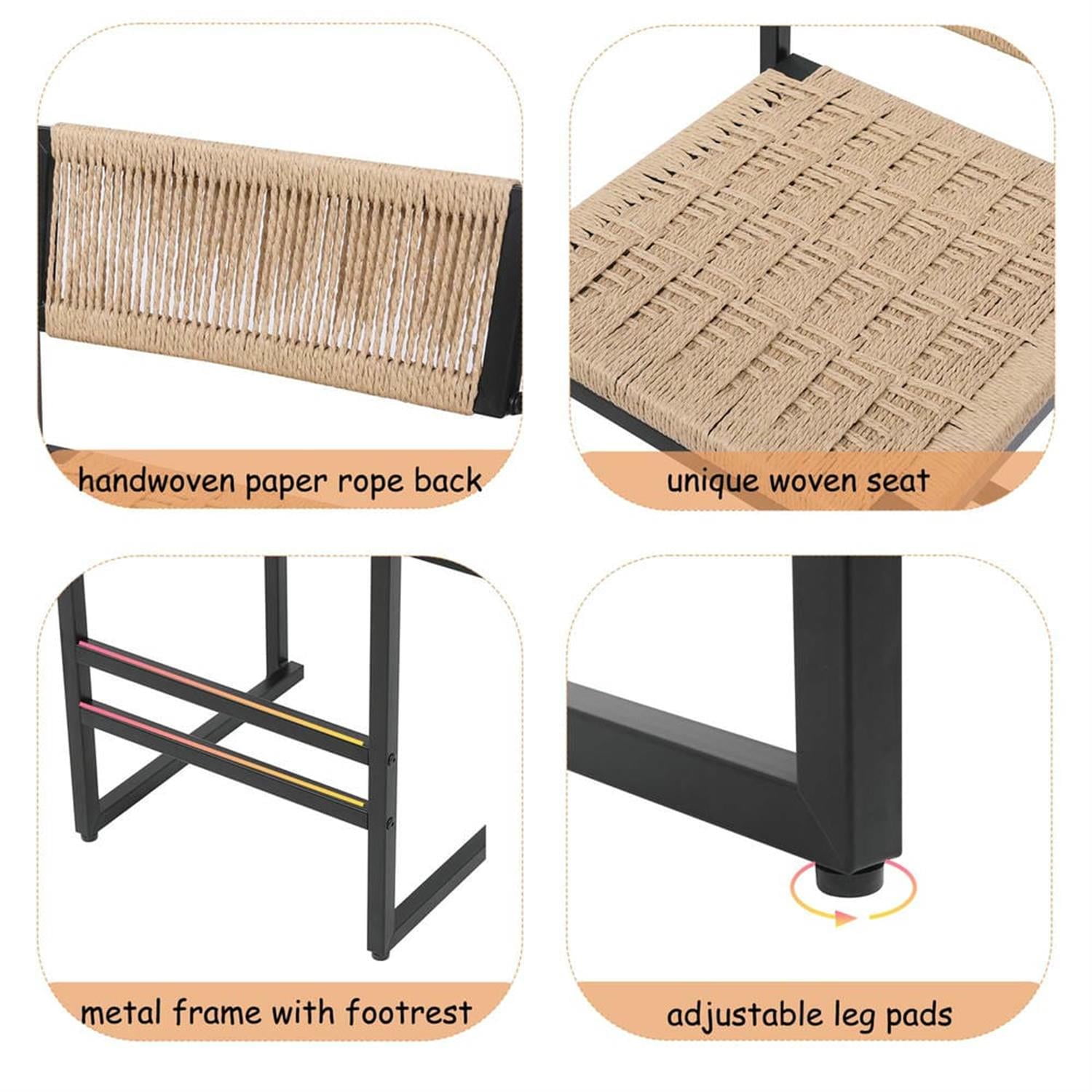 Demi Bonn 34" Counter Height Bar Stools Set of 2, Paper Rope Weave Barstools with Back, Armless Kitchen Island Countertop Chairs for Dining Room, Beige