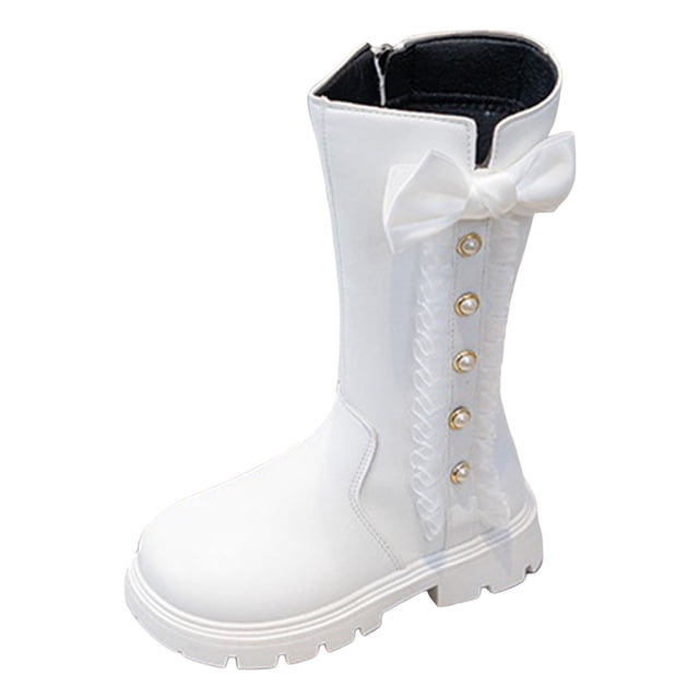 Gubotare Riding Boots for Girls Combat Boots for Girls Lace Up Riding Boots Mid Calf Fashion Waterproof Non Slip Side Zipper Boot Fall Winter Spring Size 3 (White,Big Kids 3)
