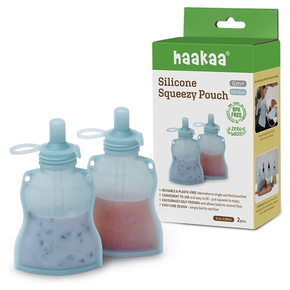 Haakaa Yummy Pouch 2 Pack – Silicone Reusable Baby Food Pouches for Feeding - Mist Blue