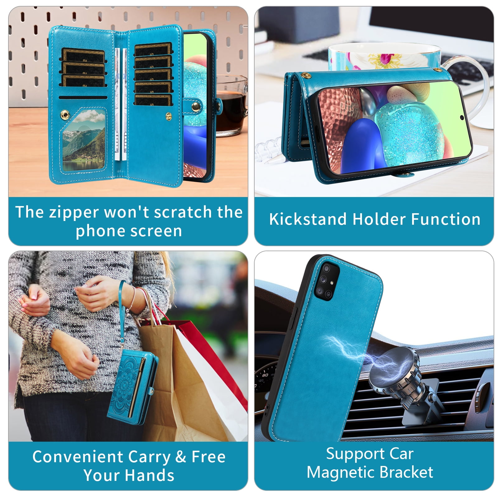 Asuwish Phone Case for Samsung Galaxy A71 5G Zipper Wallet Detachable Cell Cover with Tempered Glass Screen Protector Crossbody Lanyard Strap Flower Flip Card Holder A 71 G5 71A S71 Women Girls Blue