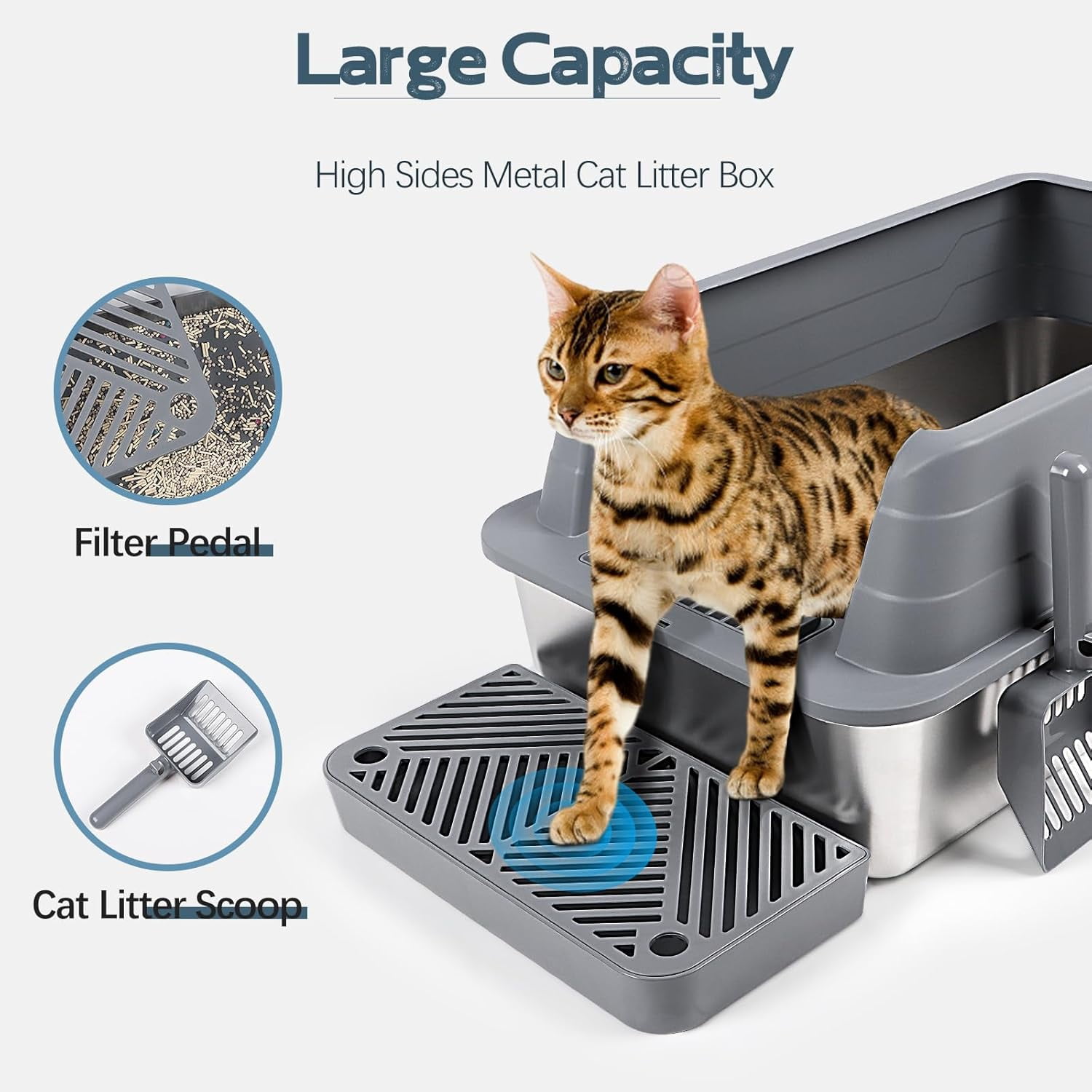 Kalolary Stainless Steel Litter Box, XL 22.9”x15”x 10.3” High Sided Metal Cat Litter Tray with Scoop, Filter Pedal for Anti-Splash, Odor-Free, Non-Sticky, Easy to Clean (Dark Grey)