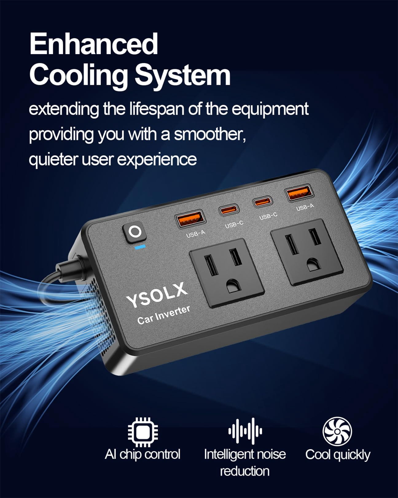 YSOLX 300W Car Power Inverter with Dual AC Outlet Adapter, Fast Charging 24W USB-C/A Ports, Portable Power Inverter for Vehicles, Fast Charger Aadapter for Road Trips and Camping