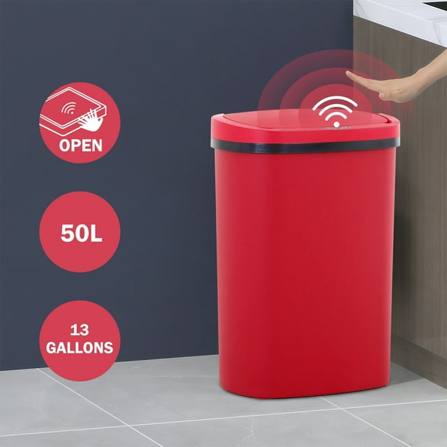 13 Gallon Kitchen Trash Can Automatic Stainless-Steel Garbage Can with Touch-Free & Motion Sensor, Anti-Fingerprint Mute Designed Brushed Trash Bin,Red