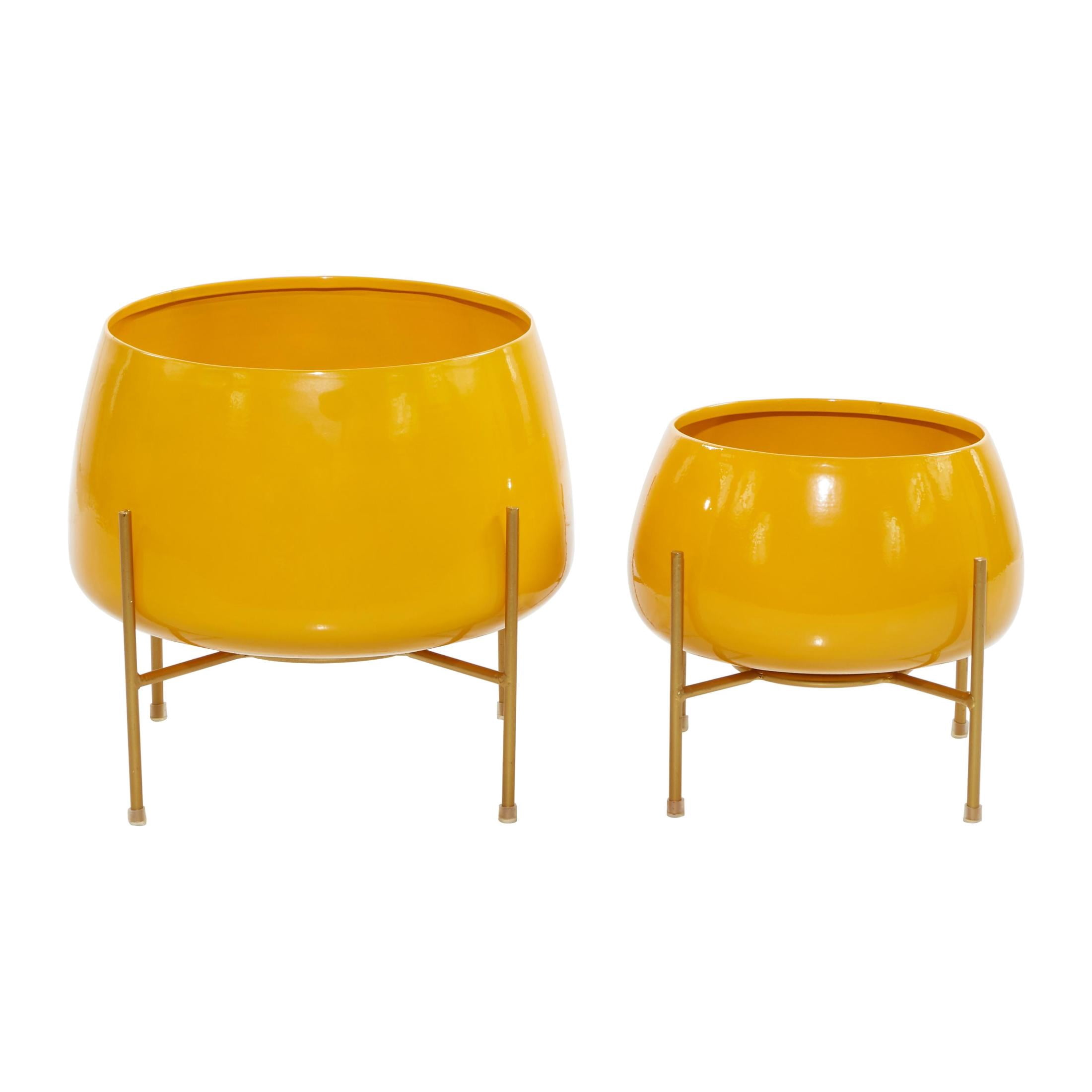 DecMode Modern Metal Bowl Shape Planter with Yellow Golssy Finish, Set of 2 8", 10"H