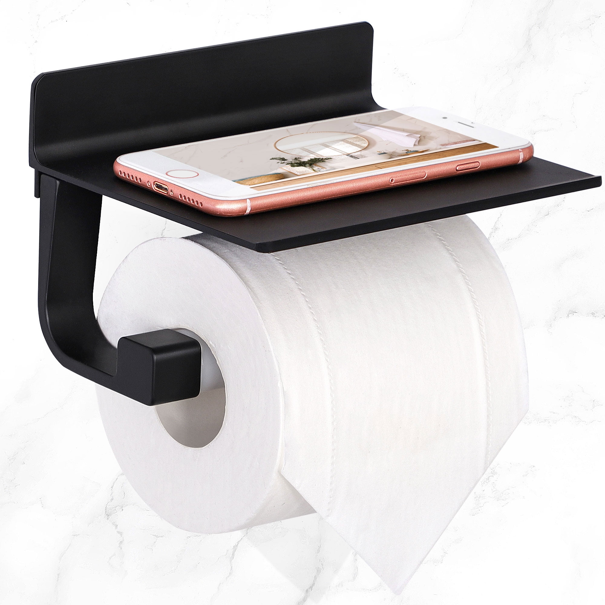 Unique Bargains Toilet Paper Holder with Phone Shelf No Drilling Bathroom Tissue Holder Black