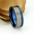 thumbnail image 3 of Men's Women's Tungsten Wedding Band Engagement Ring 8mm Off-Center Grooved Blue IP Plated Brushed Pipe Cut Ring, 3 of 4