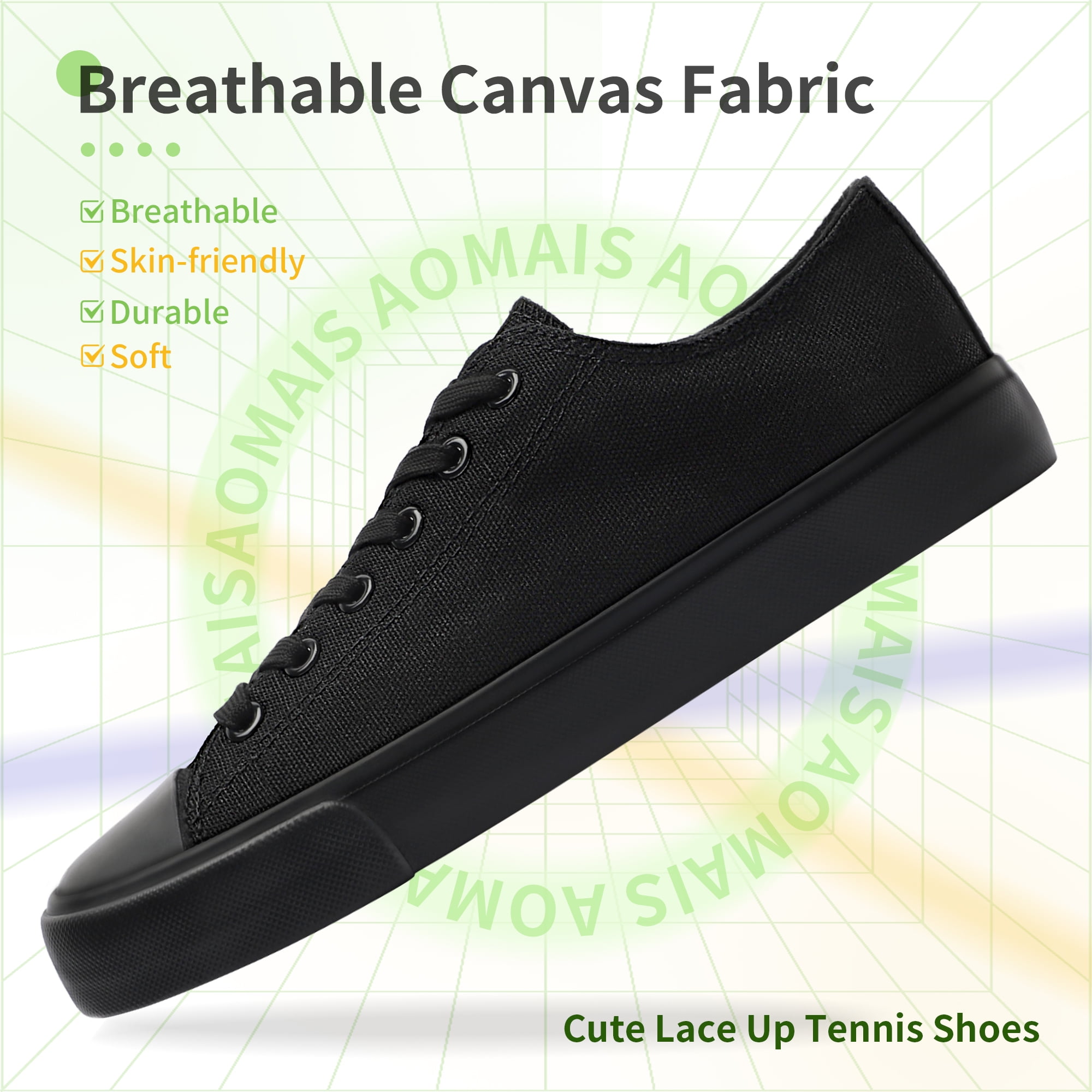 AOMAIS Womens Canvas Fashion Sneakers Classic Low Top Fabric Shoes Casual Walking Canvas Flats Cute Lace Up Tennis Shoes for Lady(All Black US9)