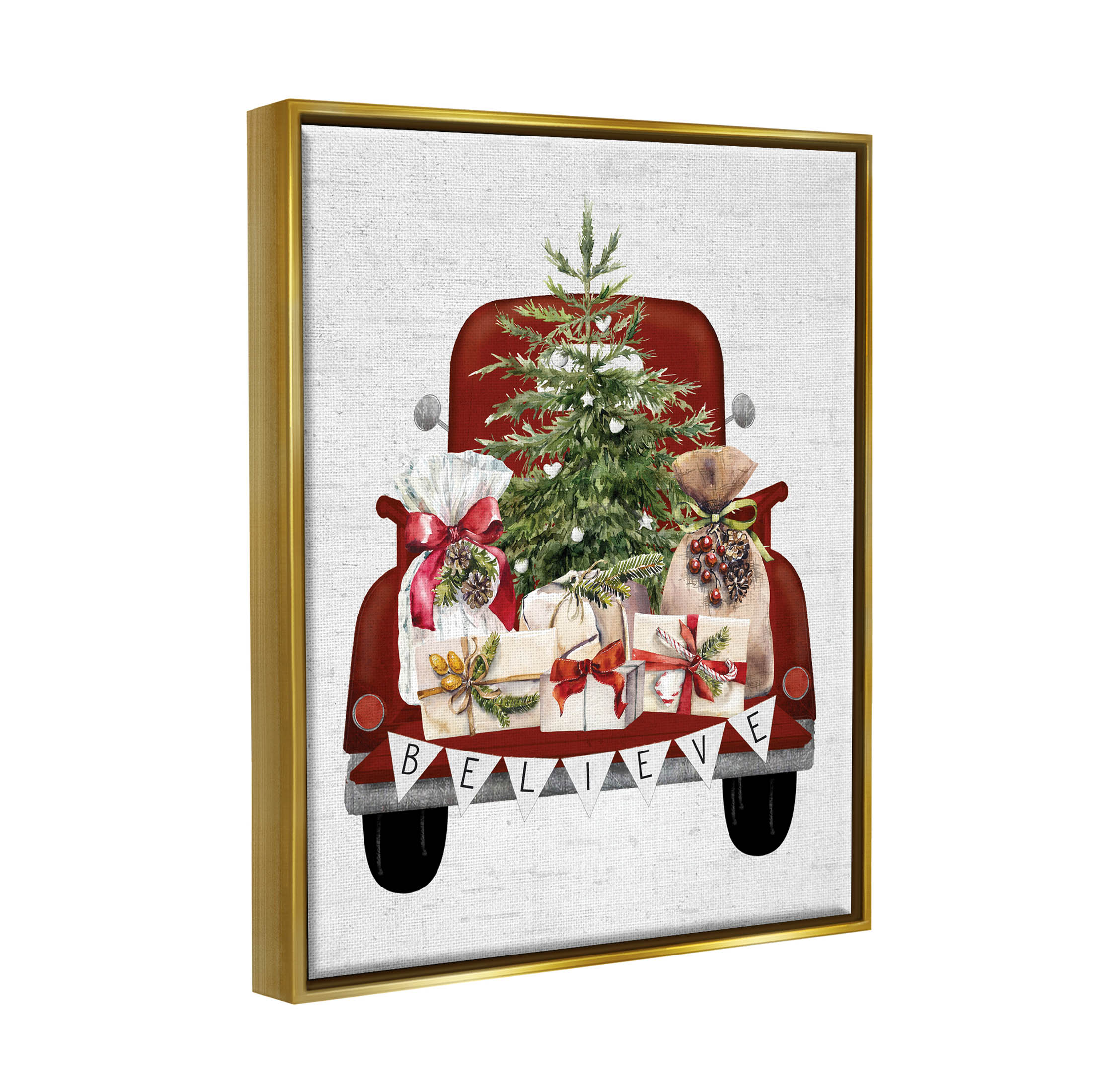 Stupell Industries Believe Seasonal Christmas Truck Graphic Art Metallic Gold Floating Framed Canvas Print Wall Art, Design by Lettered and Lined