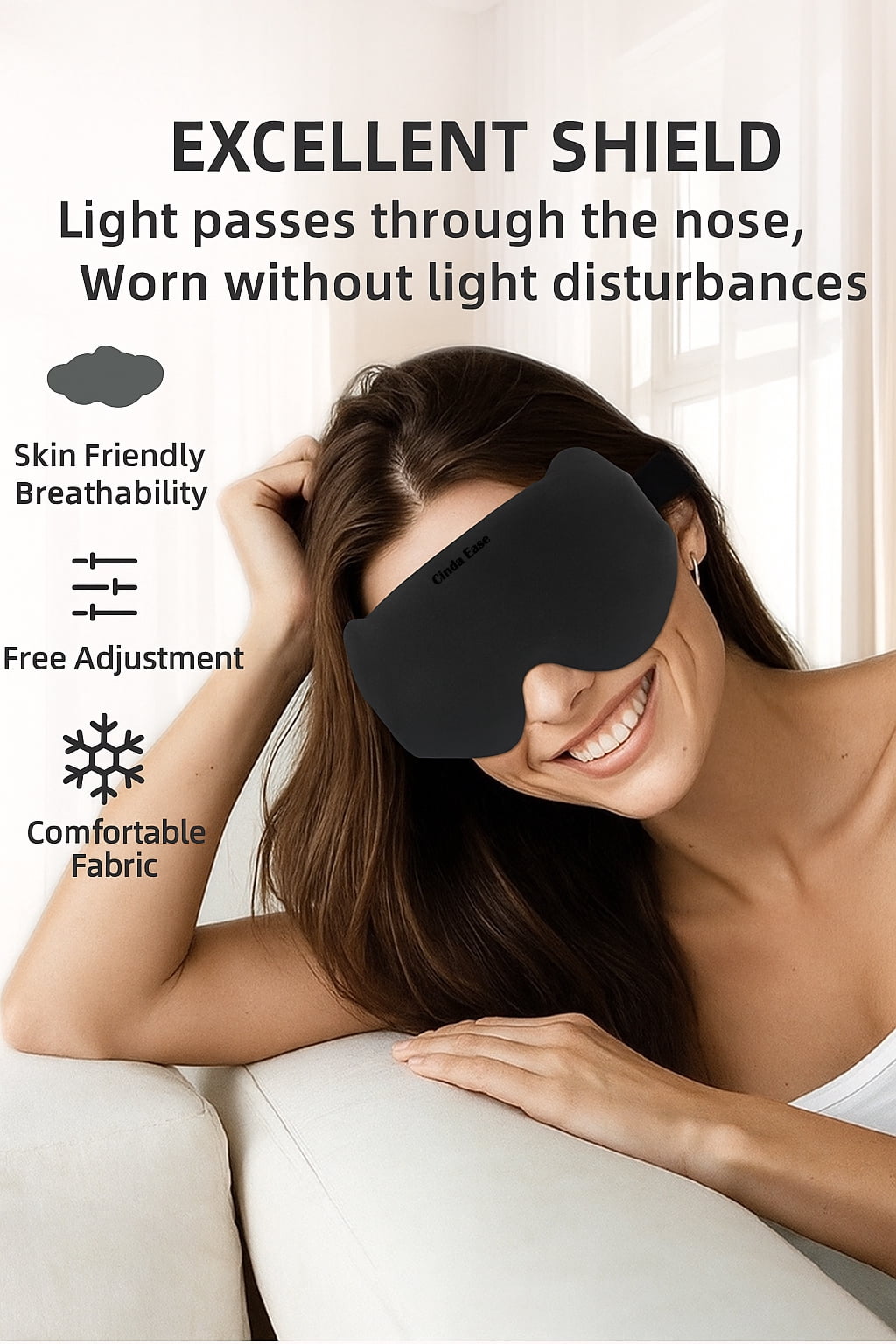 Cinda Ease 6D Sleep Mask for Women & Men - Light Blocking 99% with Deep Contoured Eye Cups, Adjustable Strap, Breathable Spandex Fabric, No Pressure Eye Cover for Sleeping, Nap, Travel, Meditation