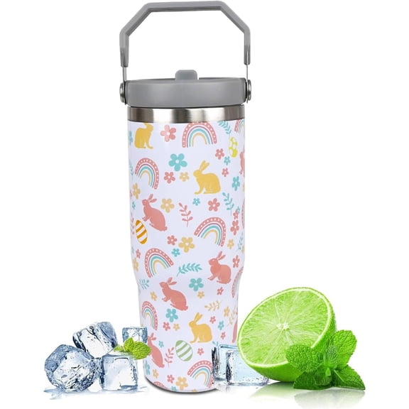 Easter Gifts for Women 30 oz Easter Rabbit Tumbler with Handle Vacuum Reusable Insulated Tumblers with Flip Straw and Top Handle Stainless Steel 30 oz Coffee Mug Rabbit Cup Cold for 24 Hours