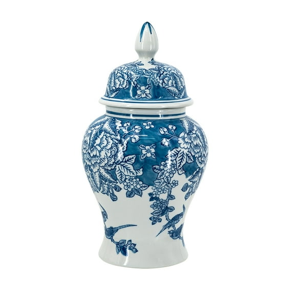 A&B Home Blue and White Botanical Bird Porcelain Ginger Jar 6.7" x 6.7" x 12.4"
