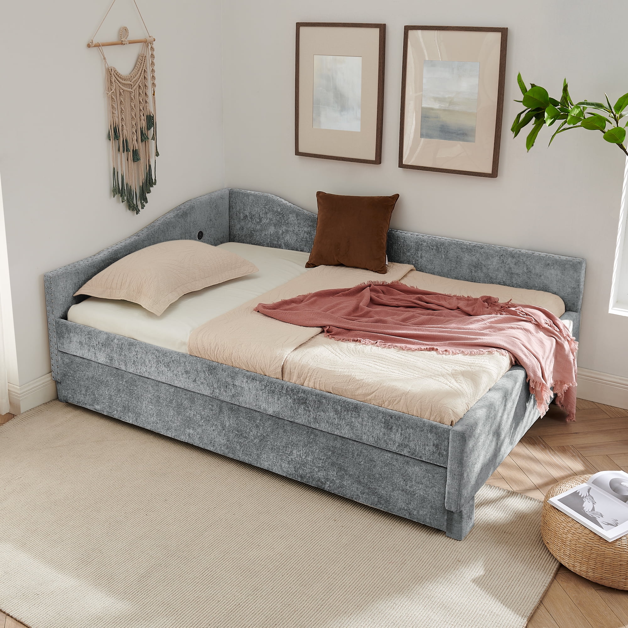 Full Size Daybed,Chenille Upholstered Daybed with Pull-Out Trundle & Built-In USB Charging Port,2-in-1 Space Saving Sofa Bed for Guest Room,Small Space,Grey