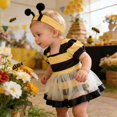 thumbnail image 4 of Wuxian Girls Baby Toddler Romper Dress Long Sleeve Square Collar Striped Short Sleeve Ruffles Mesh Bodysuits With Headband 2 Piece Fashionable Elegant Cozy Summer Set,Yellow,9-12 Months, 4 of 8