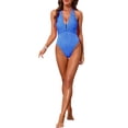 thumbnail image 2 of INSPIRE CHIC Women's Metal Buckle Cut Out Halter Ribbed Monokini Swimsuit, 1 Piece Deep V Push Up Tummy Control Bathing Suit Royal Blue X-Large, 2 of 5
