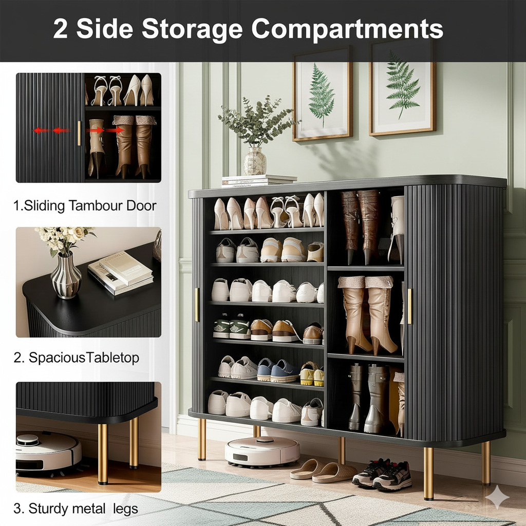 TiramisuBest Shoe Storage Cabinet with Sliding Door, 47" Mid-Century Modern Shoe Rack for Entryway, 6-Tier Shoes Organizer with Adjustable Shelves for Hallway & Living Room (Black)