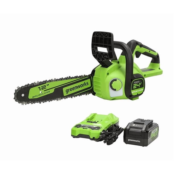 Greenworks 24V 12" Brushless Chainsaw, 4Ah USB Battery and Charger Included CS24L410<br>