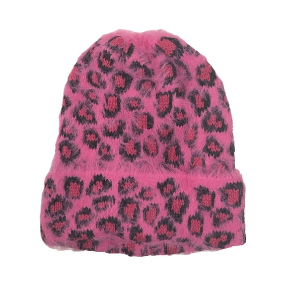 Womens Soft Pink & Black Leopard Print Beanie Cuffed Stocking Cap Hat