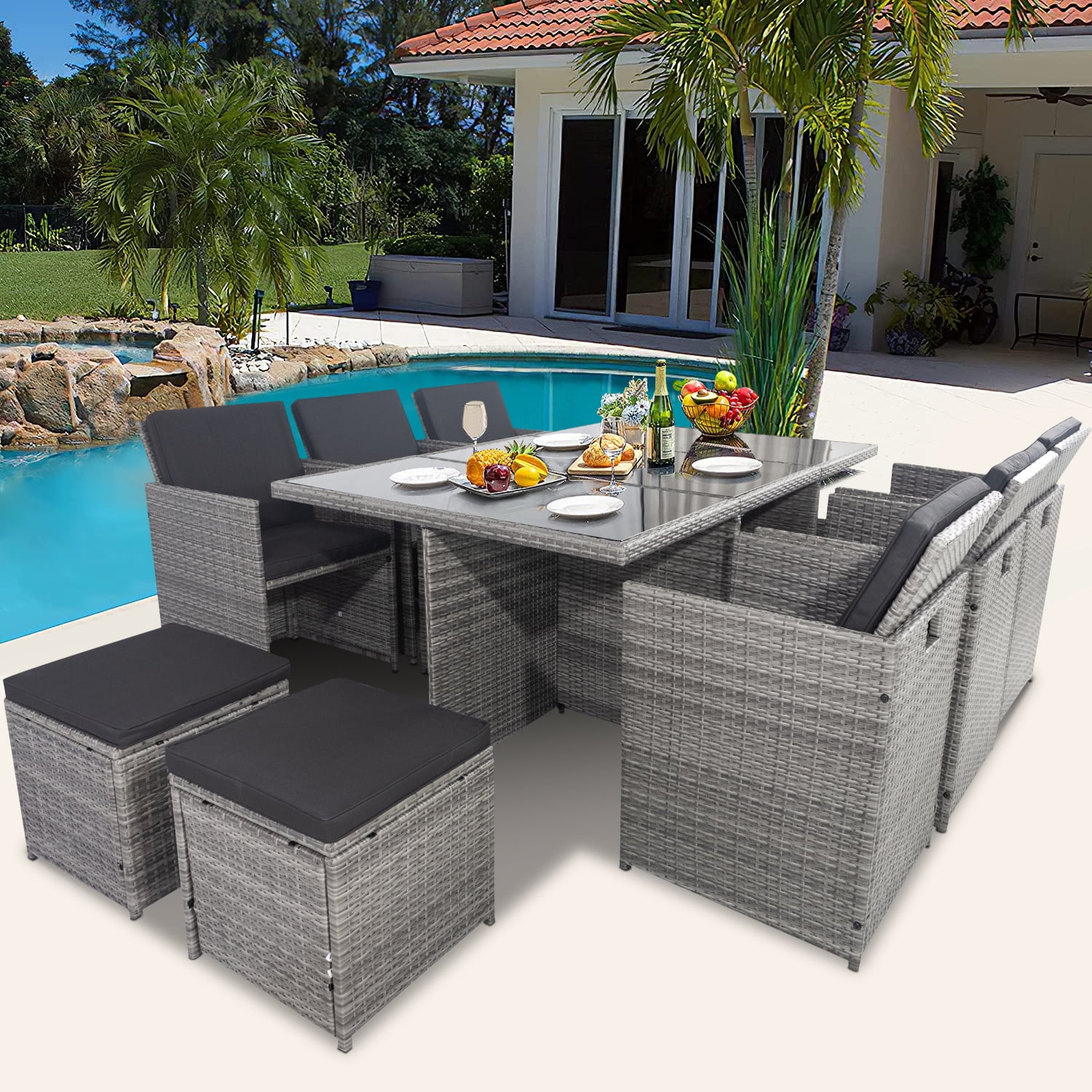 11 Pieces Patio Dining Sets, Outdoor Patio Conversation Furniture Set