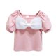 thumbnail image 2 of Blusas y camisas de cuello redondo y manga corta Ropa de verano para niñas Camiseta de manga corta de color liso Camisa de base con escote de lazo de moda para niñas Top versátil para niñas Top de alg, 2 of 9