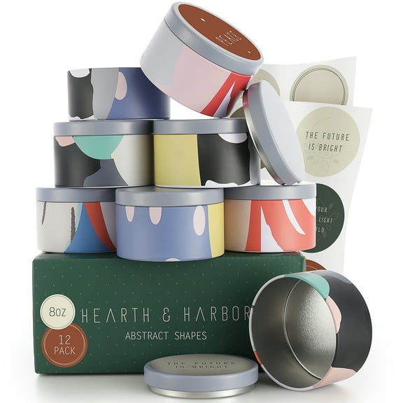 Hearth & Harbor 8 Oz, 12 Pack Abstract Shapes DIY Candle Containers with Lids - Tin Candle Jars for Making Candles - Metal Candle Jars - Bulk Tins Storage for Candle