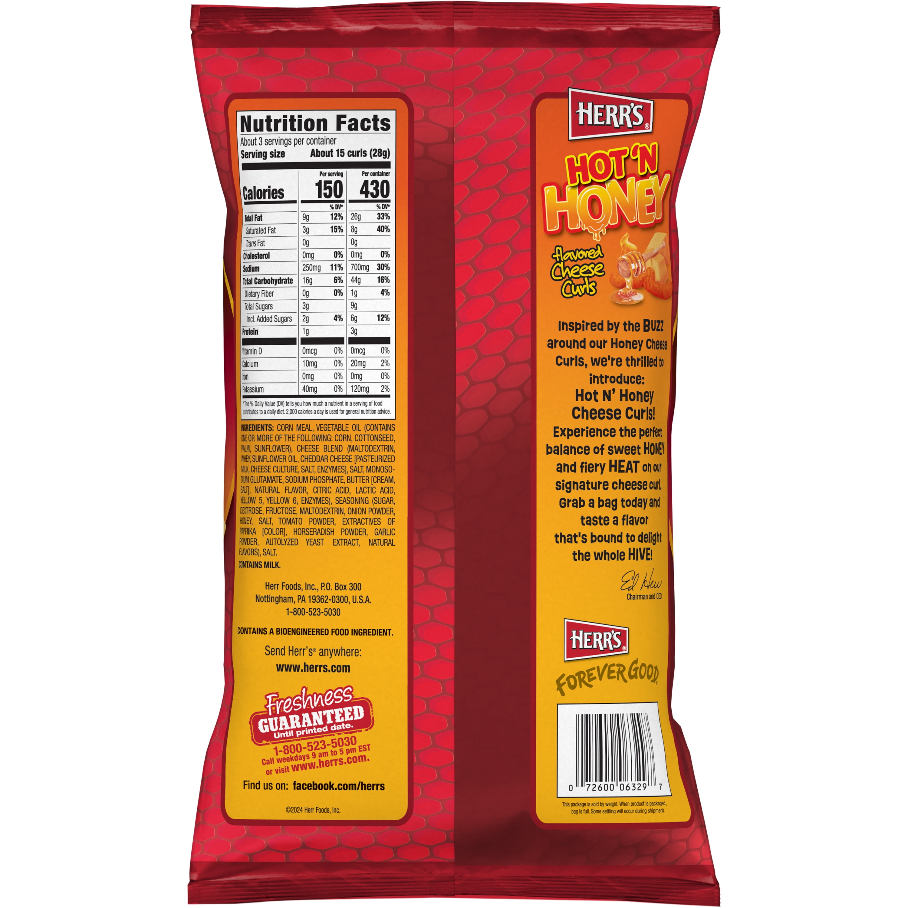Herr's Hot'N Honey Flavored Cheese Curls 2.75 Ounce Bag