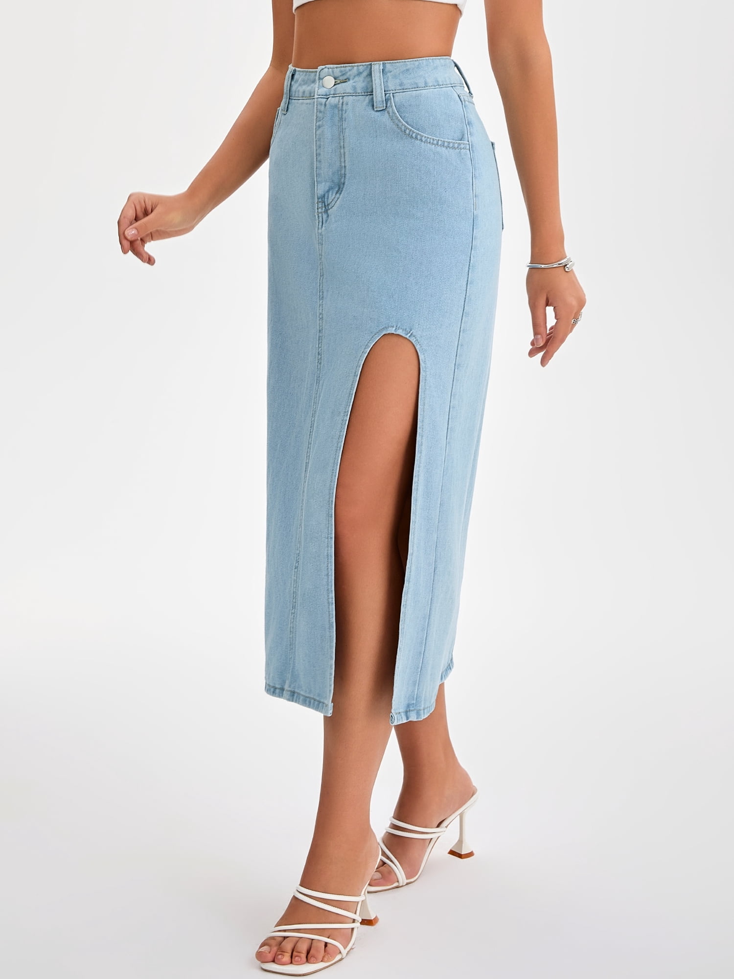DARING DIVA Women's Long Denim Spring Slit Midi Jean Skirts Large Light Blue