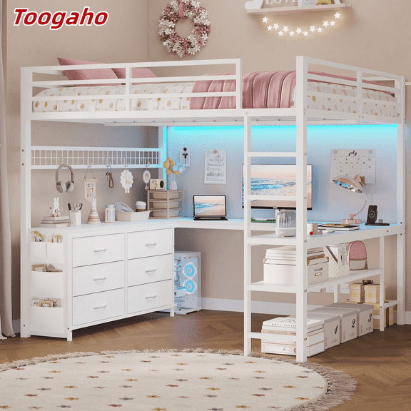 Toogaho Full Size Loft Bed with U-Shaped Desk,6 Storage Drawers,Charging Station,LED Lights, Metal Loft Bed with 2 Storage Shelves, ,Noise-Free, Space-Saving, No Box Spring Needed, White