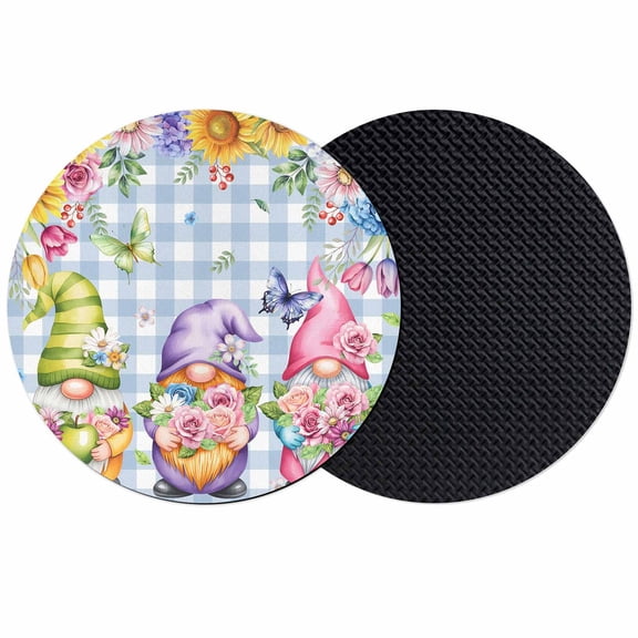 Spring Floral Gnomes Coasters Set of 2, Absorbent Coasters for Drinks, Watercolor Flowers Butterflies Blue Plaid Coaster for Desk Coffee Table Protection, Home Decor House Warming Gifts 4"