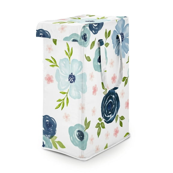 Sweet Jojo Designs Watercolor Floral Blue Pink White Foldable Laundry Hamper with Handles