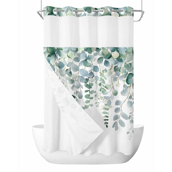 No Hook Cloth Fabric Shower Curtain with Snap in Liner, Eucalyptus Leaves Waterproof Shower Curtains Set with See Through Top Window, Teal Botanical Summer Weeping Bath Curtains Shower 36"x72"